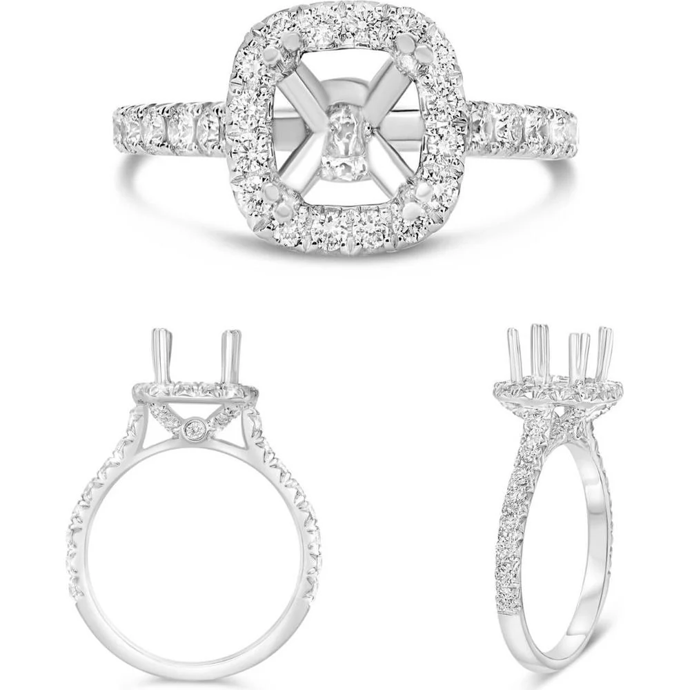 Roman & Jules - 14K White Gold Cushion Halo Diamond Ring with Round Diamond - 0.81 Carat Total Diamond Weight
