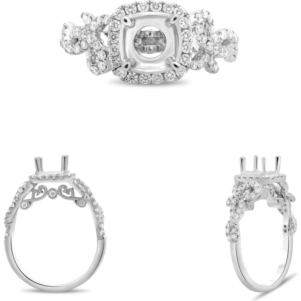 Roman & Jules - 14K White Gold Cushion Halo Diamond Ring with Twist Shank - 0.55 Carat Total Diamond Weight