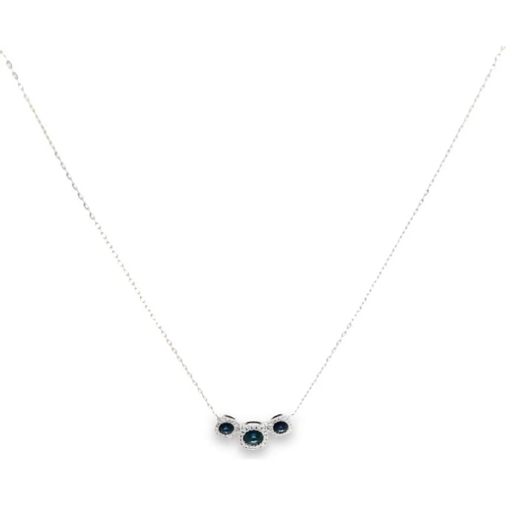Roman & Jules - 14K White Gold Cushion Sapphire Necklace with Round Diamond Halo - 0.57 Carat Total Diamond Weight