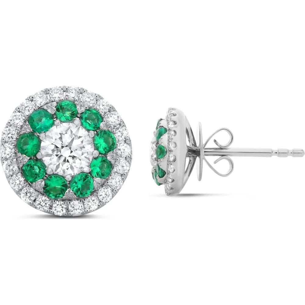 Roman & Jules - 14K White Gold Diamond & Green Emerald Halo Stud Earrings - 0.38 Carat Total Diamond Weight, 0.28 Carat Total Emerald Weight