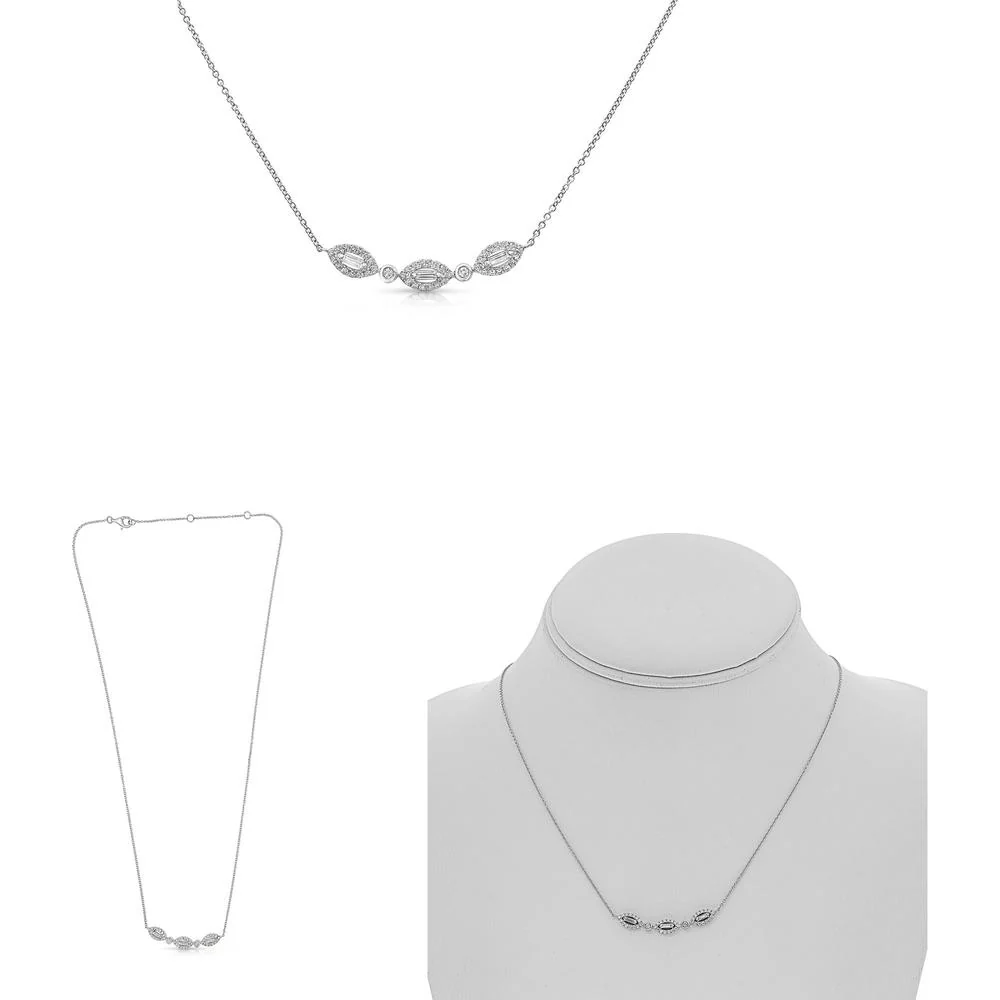Roman & Jules - 14K White Gold Diamond Baguette Necklace with Halo Design - 0.41 Carat Total Diamond Weight