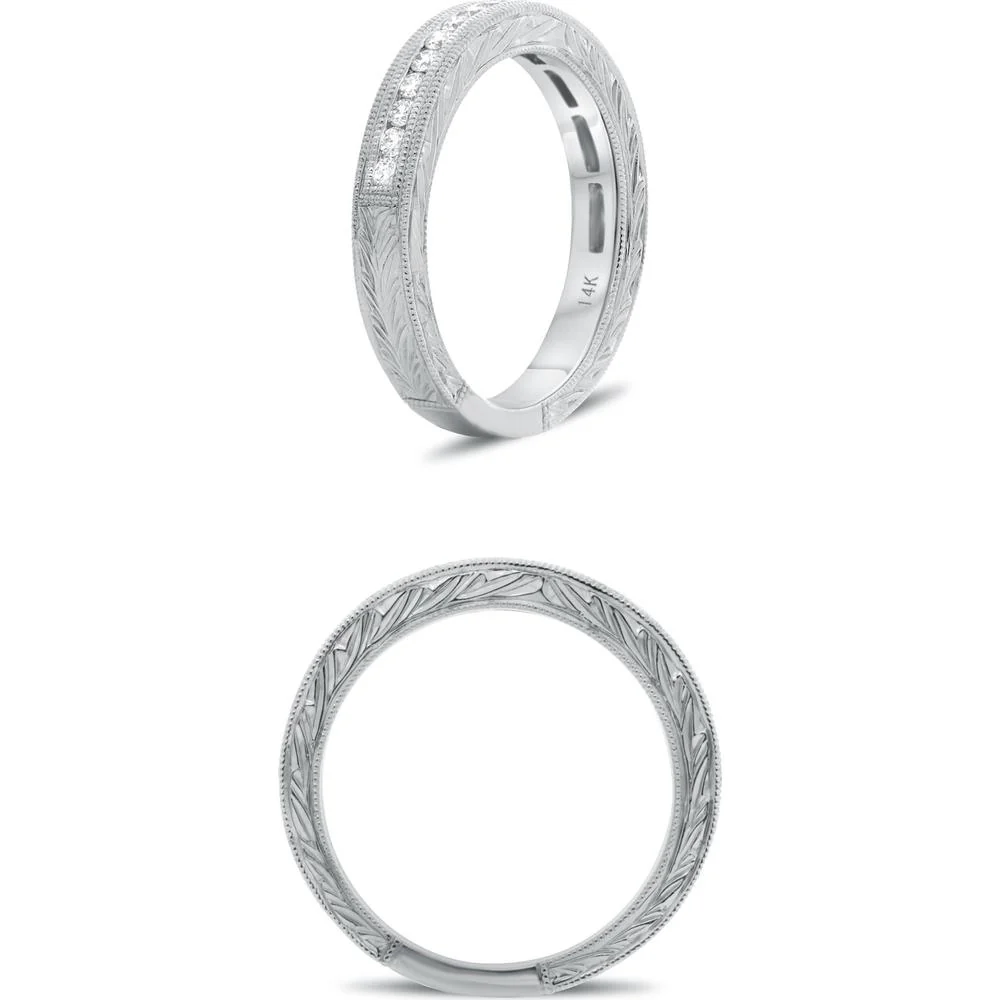 Roman & Jules - 14K White Gold Diamond Band with Milgrain Detail and Channel Set Round Diamonds - 0.31 Carat Total Diamond Weight