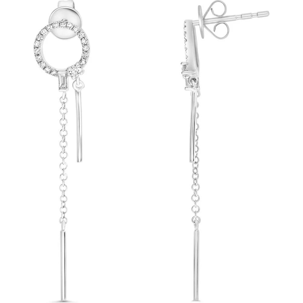 Roman & Jules - 14K White Gold Diamond Circle Chain Earrings with Round and Baguette Diamonds - 0.21 Carat Total Diamond Weight