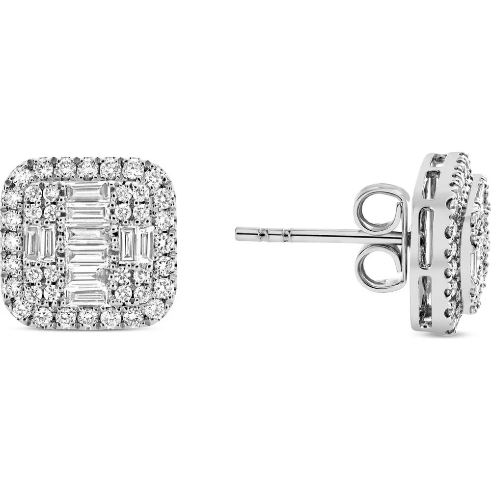 Roman & Jules - 14K White Gold Diamond Cluster Stud Earrings with Round and Baguette Diamonds - 0.98 Carat Total Diamond Weight