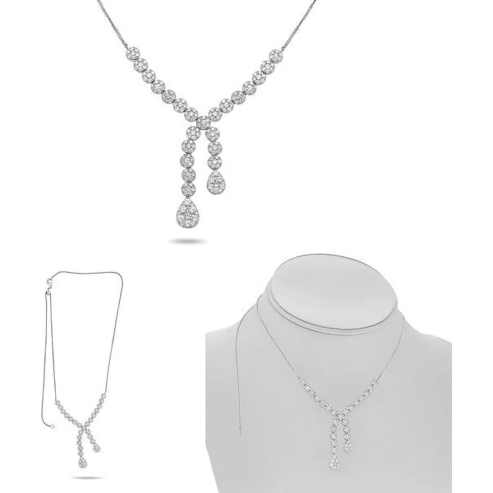 Roman & Jules - 14K White Gold Diamond Cross-Over Necklace with Cluster Design - 2.86 Carat Total Diamond Weight