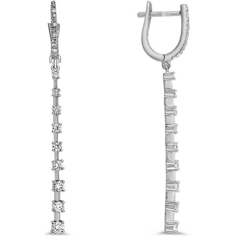 Roman & Jules - 14K White Gold Diamond Drop Earrings with Round and Baguette Diamonds - 1.12 Carat Total Diamond Weight
