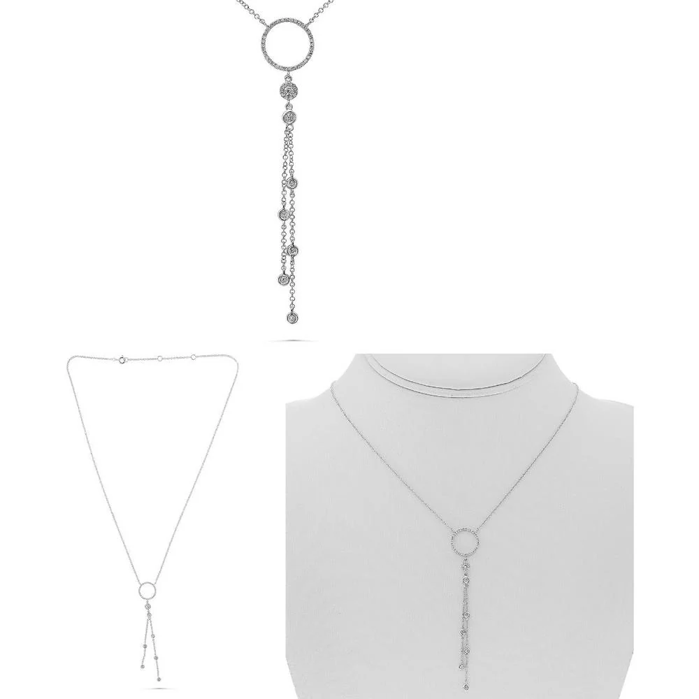 Roman & Jules - 14K White Gold Diamond Drop Necklace with Round Diamonds - 0.24 Carat Total Diamond Weight