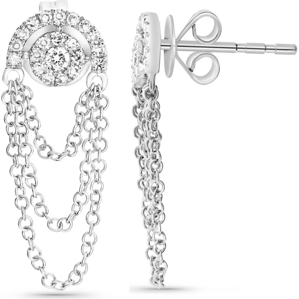 Roman & Jules - 14K White Gold Diamond Halo Drop Earrings with Cascading Chains - 0.18 Carat Total Diamond Weight