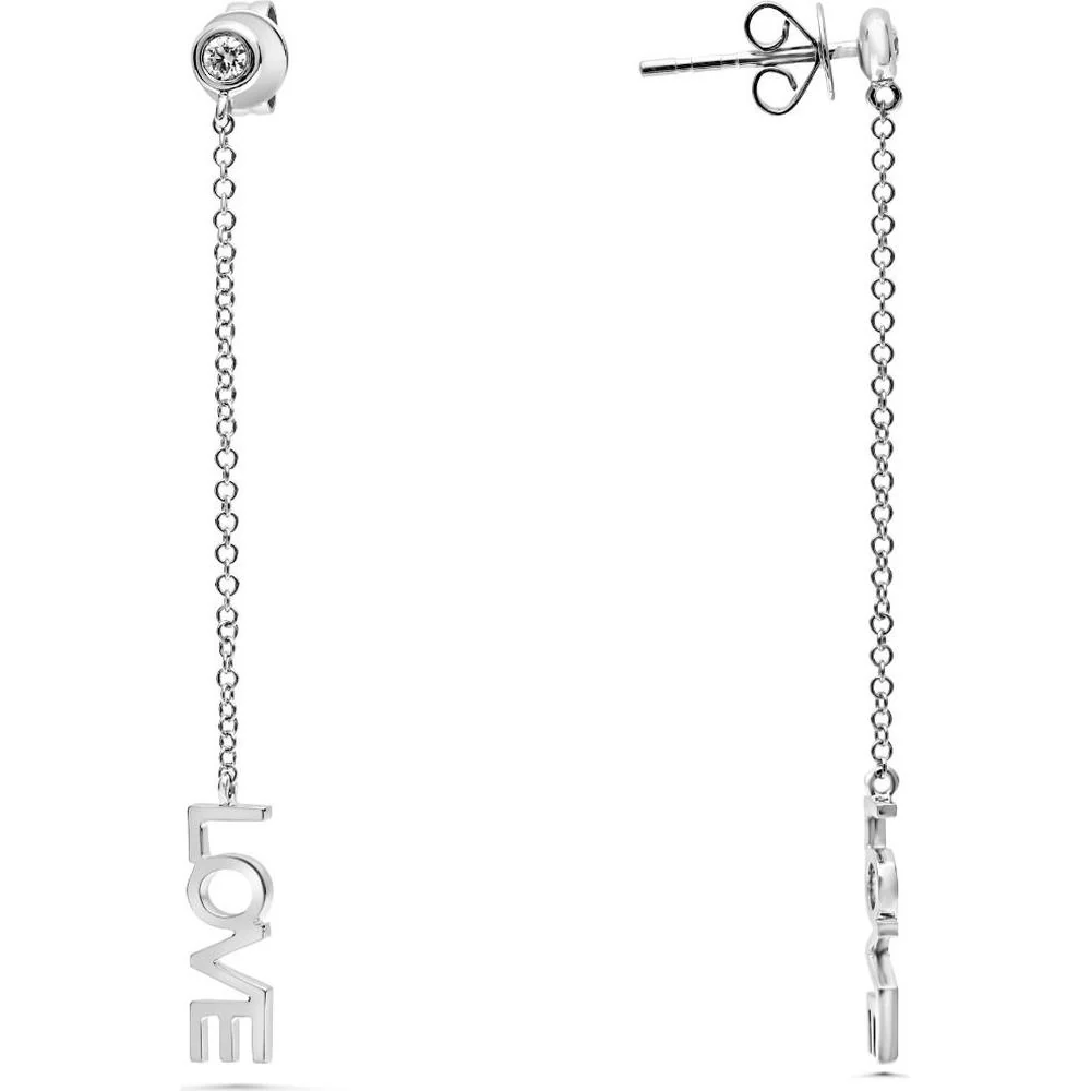 Roman & Jules - 14K White Gold Diamond "LOVE" Drop Earrings with Round Diamond - 0.09 Carat Total Diamond Weight
