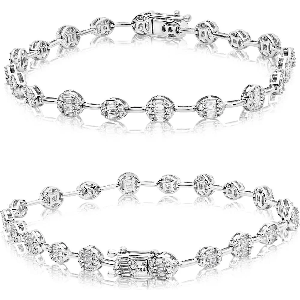 Roman & Jules - 14K White Gold Diamond Tennis Bracelet with Round and Baguette Diamonds - 1.69 Carat Total Diamond Weight