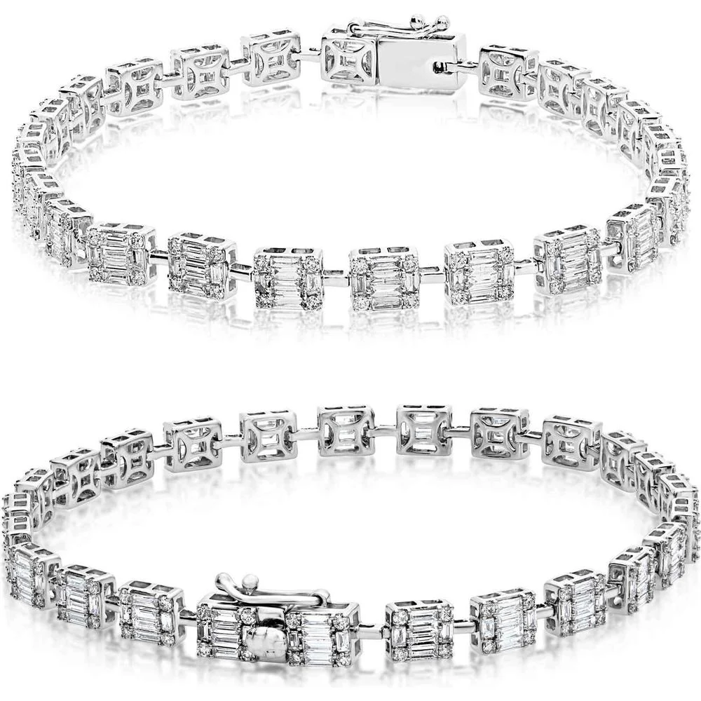 Roman & Jules - 14K White Gold Diamond Tennis Bracelet with Round and Baguette Diamonds - 2.77 Carat Total Diamond Weight