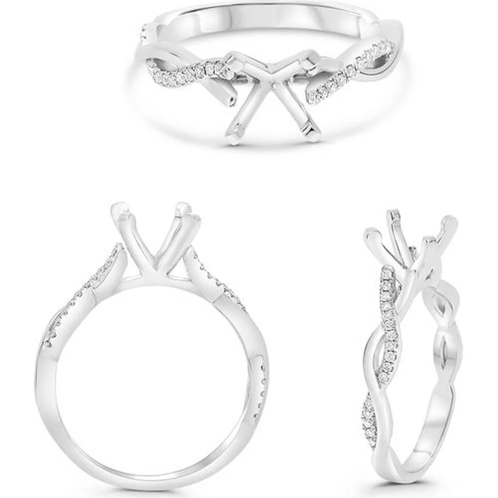 Roman & Jules - 14K White Gold Diamond Twist Ring with 0.11 Carat Round Diamonds in Micropavé Setting