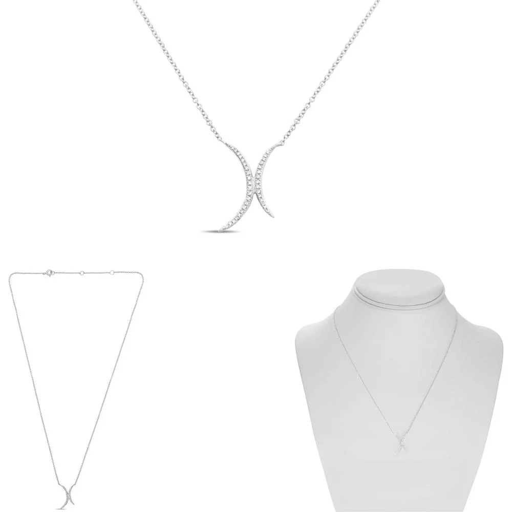 Roman & Jules - 14K White Gold Double Crescent Diamond Pave Necklace - 0.10 Carat Total Diamond Weight