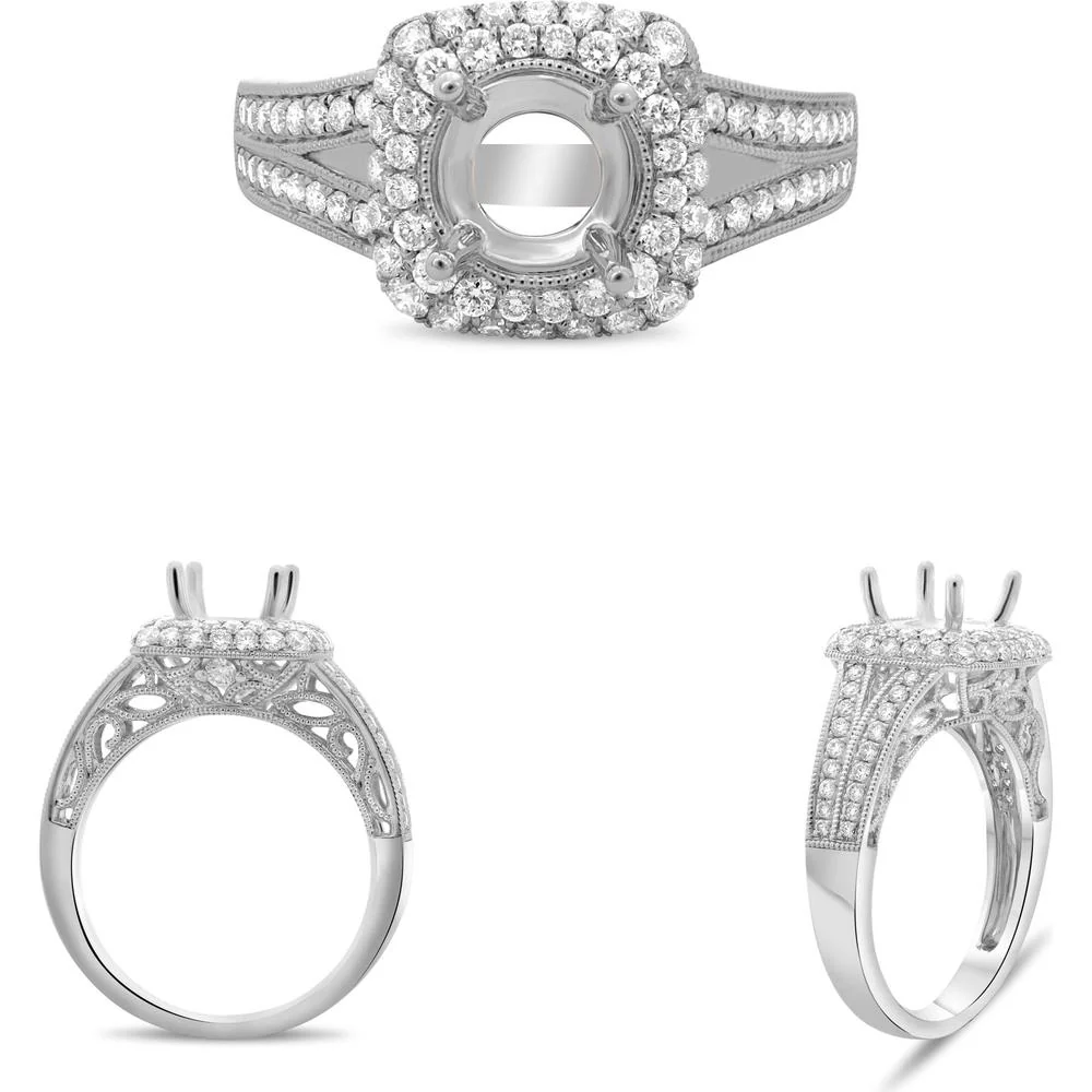 Roman & Jules - 14K White Gold Double Halo Engagement Ring with Round Diamonds and Milgrain Detail - 0.74 Carat Total Diamond Weight