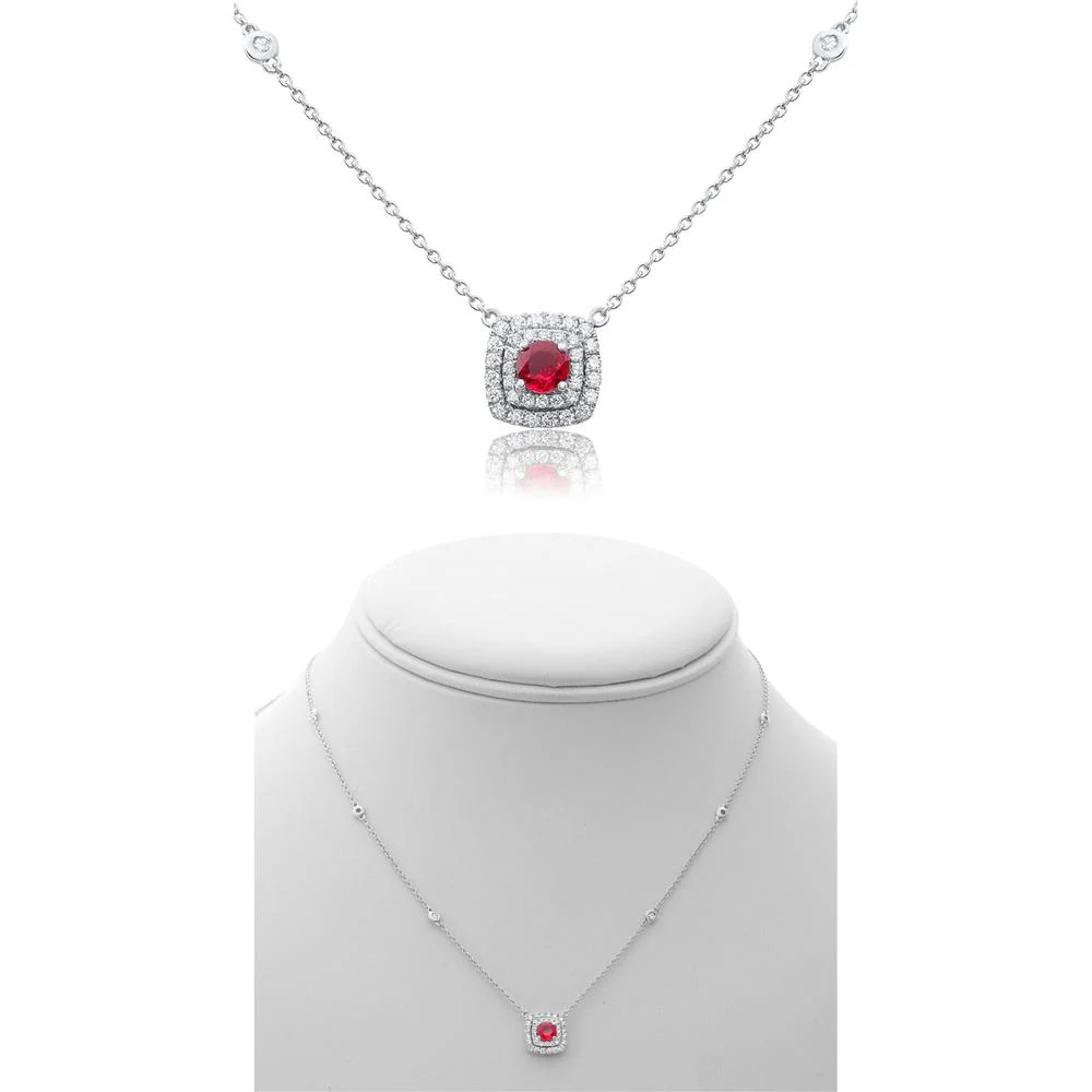 Roman & Jules - 14K White Gold Double Halo Ruby & Diamond Necklace - 0.59 Carat Total Ruby Weight, 0.30 Carat Total Diamond Weight