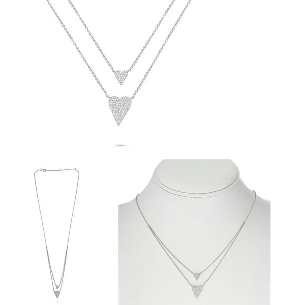 Roman & Jules - 14K White Gold Double Heart Necklace with Micropavé Set Round Diamonds - 0.24 Carat Total Diamond Weight