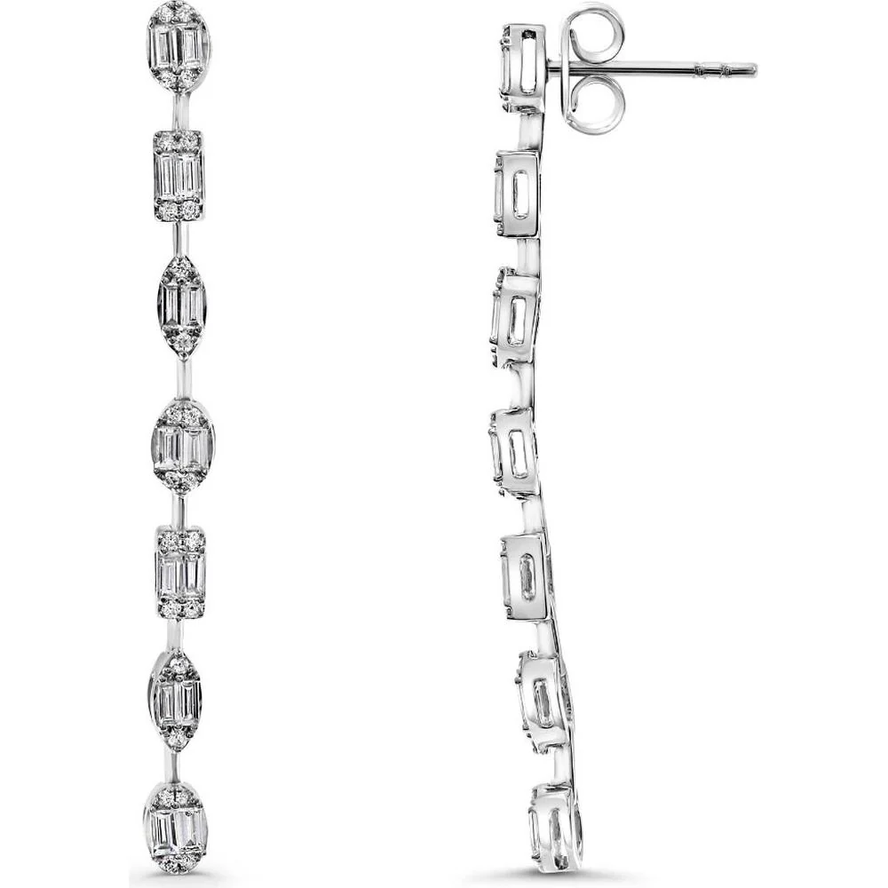 Roman & Jules - 14K White Gold Drop Earrings with 0.68 Carat Baguette Diamonds and 0.21 Carat Round Diamonds