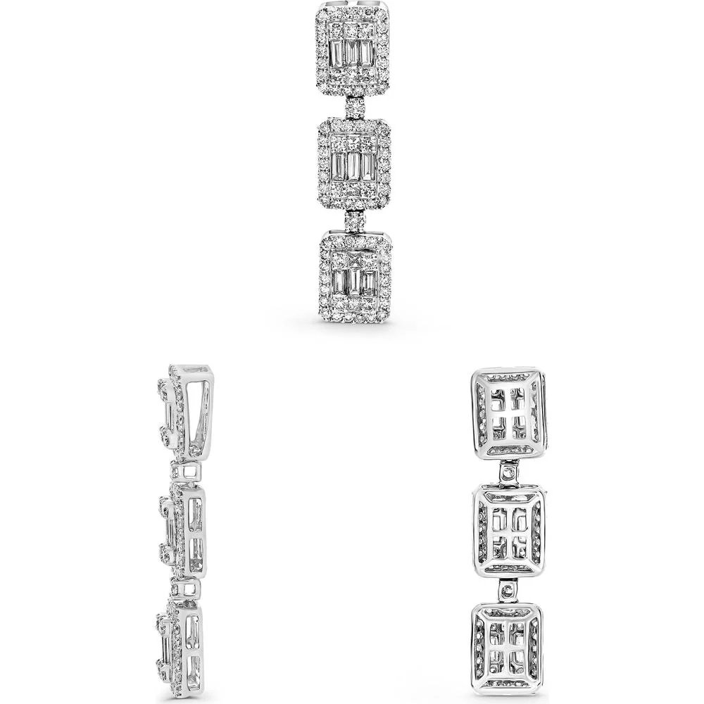 Roman & Jules - 14K White Gold Drop Earrings with Round and Baguette Diamonds - 1.08 Carat Total Diamond Weight