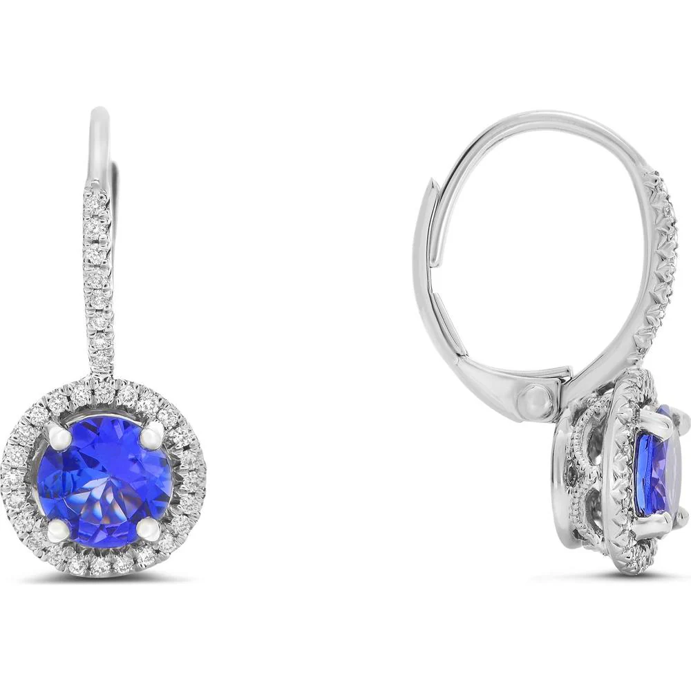 Roman & Jules - 14K White Gold Drop Earrings with Round Tanzanite and Diamond Halo - 1.56 Carat Total Tanzanite Weight