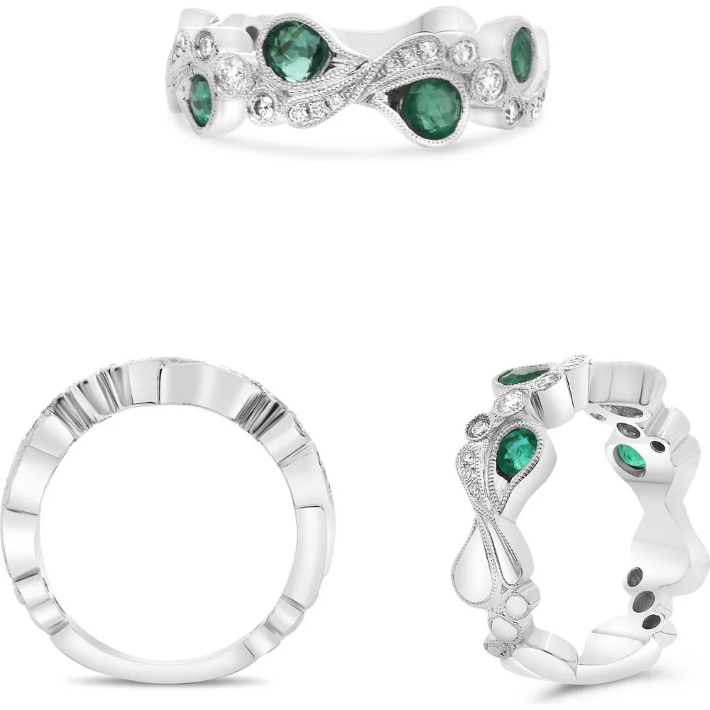 Roman & Jules - 14K White Gold Emerald and Diamond Band Ring with Milgrain Detailing - 0.75 Carat Total Emerald Weight
