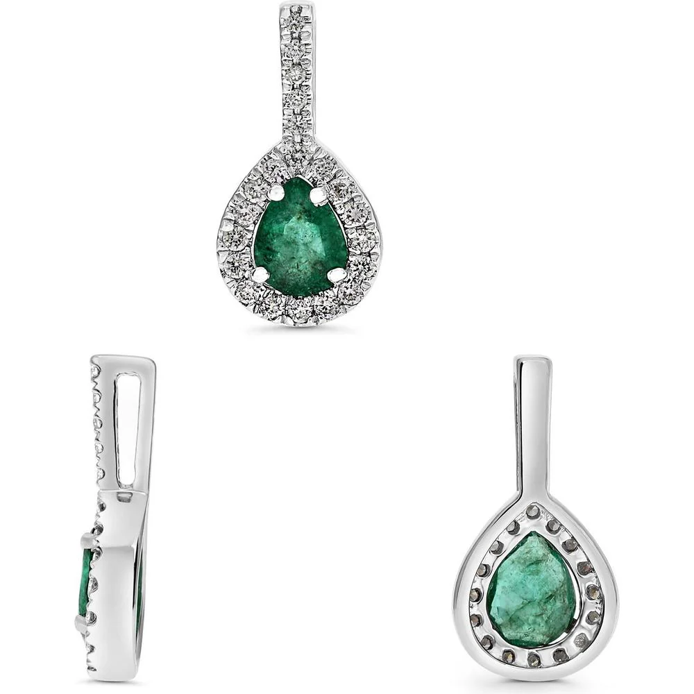 Roman & Jules - 14K White Gold Emerald and Diamond Halo Pendant - 0.70 Carat Emerald, 0.11 Carat Total Diamond Weight