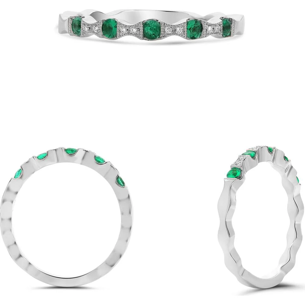 Roman & Jules - 14K White Gold Emerald & Diamond Milgrain Band - 0.17 Carat Total Emerald Weight, 0.02 Carat Total Diamond Weight