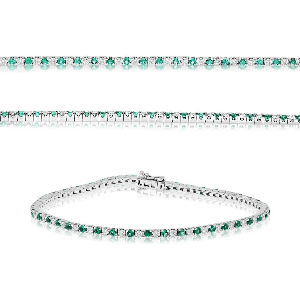 Roman & Jules - 14K White Gold Emerald and Diamond Tennis Bracelet with Prong Set Round Emeralds and Diamonds - 1.00 Carat Total Gem Weight
