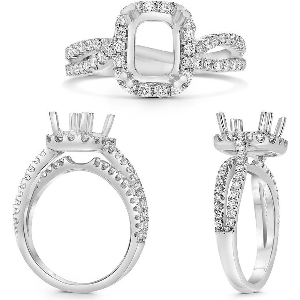 Roman & Jules - 14K White Gold Emerald Cut Diamond Halo Ring with Twist Shank - 0.63 Carat Total Diamond Weight