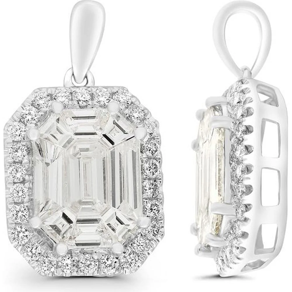 Roman & Jules - 14K White Gold Emerald Cut Diamond Pendant with Diamond Halo - 1.10 Carat Total Diamond Weight