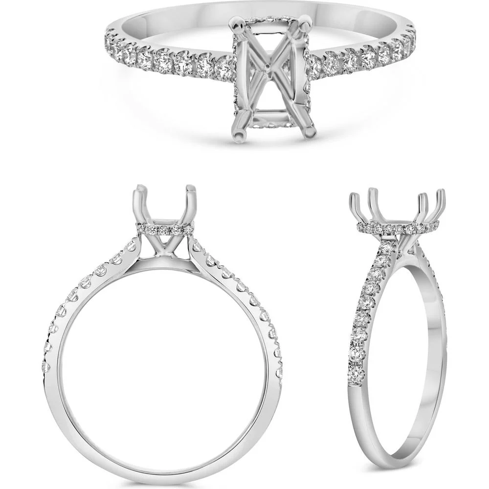 Roman & Jules - 14K White Gold Emerald Cut Diamond Ring with Hidden Full Halo and Micropavé Accent Diamonds - 0.29 Carat Total Diamond Weight