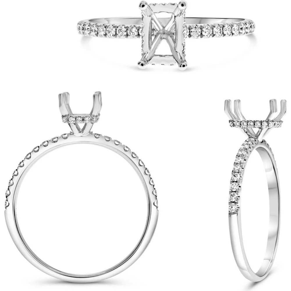 Roman & Jules - 14K White Gold Emerald Cut Diamond Ring with Hidden Full Halo and Micropavé Accents - 0.22 Carat Total Diamond Weight