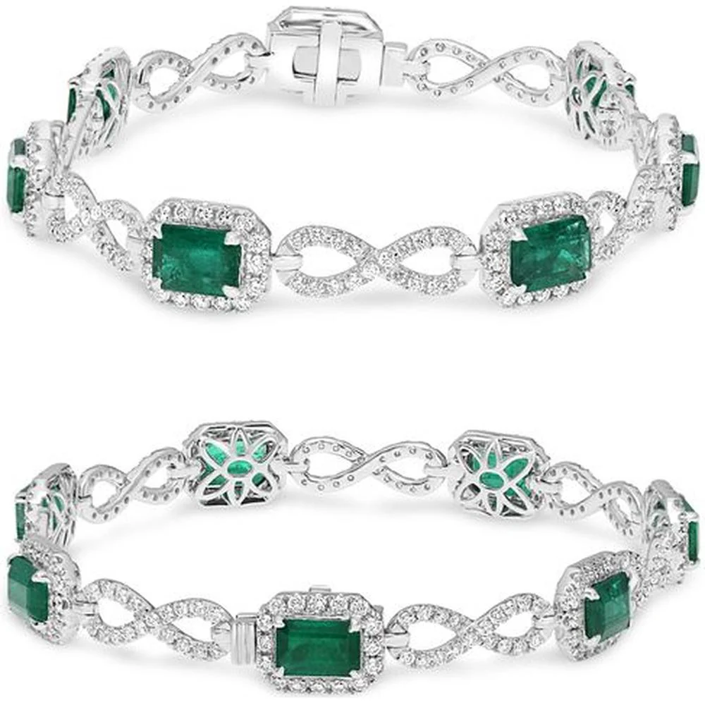 Roman & Jules - 14K White Gold Emerald Cut Emerald Bracelet with Diamond Halo - 6.78 Carat Total Emerald Weight