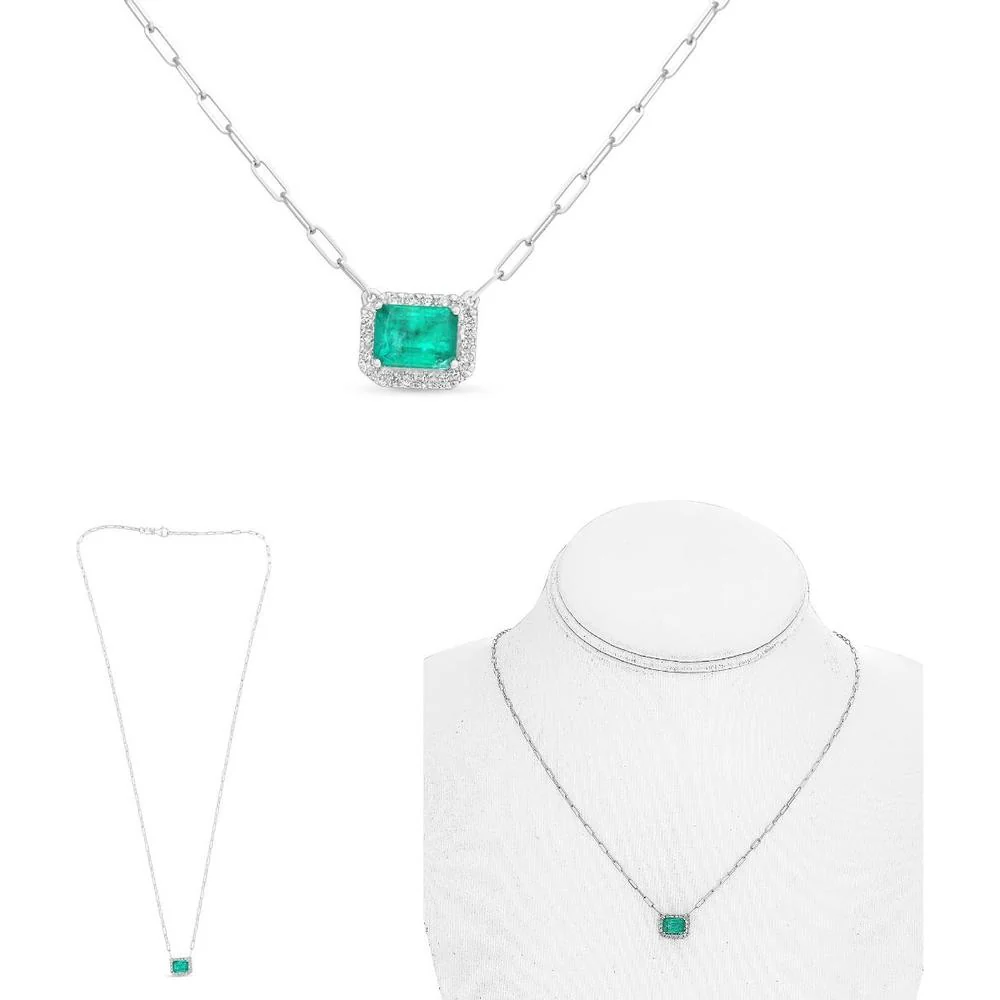 Roman & Jules - 14K White Gold Emerald Cut Emerald Necklace with Diamond Halo - 0.14 Carat Total Diamond Weight