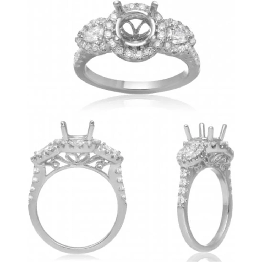 Roman & Jules - 14K White Gold Engagement Ring Setting with Pear-Shaped Side Stones and Round Diamond Halo - 0.80 Carat Total Diamond Weight