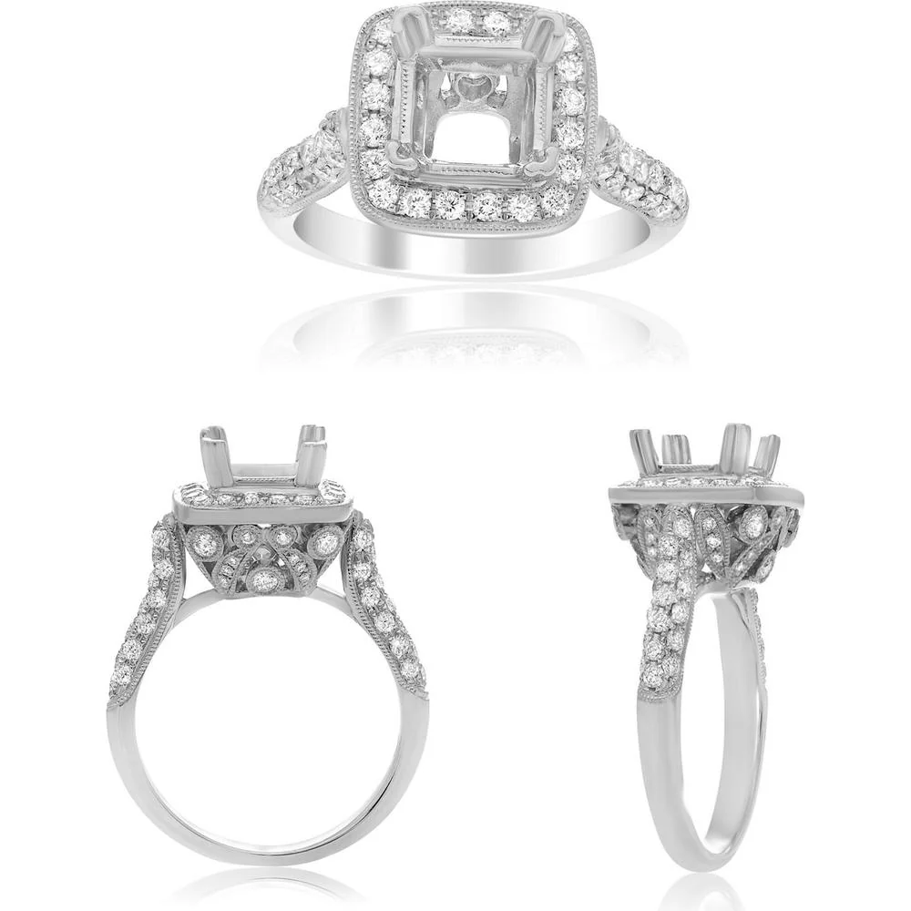 Roman & Jules - 14K White Gold Engagement Ring Setting with Round Diamonds and Milgrain Detail - 0.82 Carat Total Diamond Weight