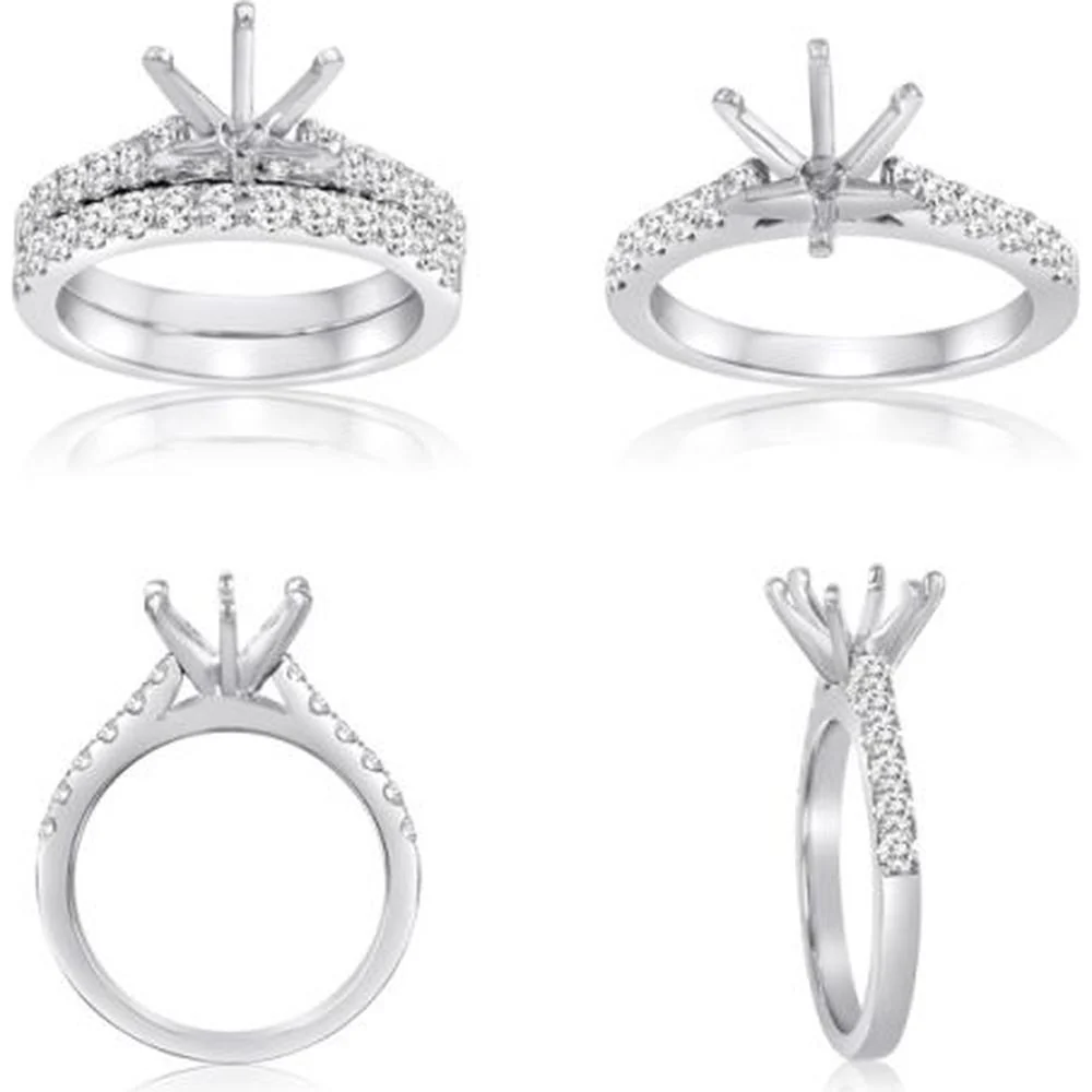 Roman & Jules - 14K White Gold Engagement Ring Setting with Six-Prong and Pave Round Diamonds - 0.49 Carat Total Diamond Weight