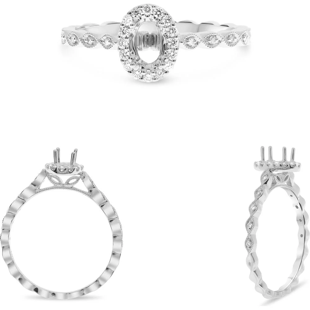 Roman & Jules - 14K White Gold Engagement Ring with Oval Halo and Round Diamonds - 0.12 Carat Total Diamond Weight