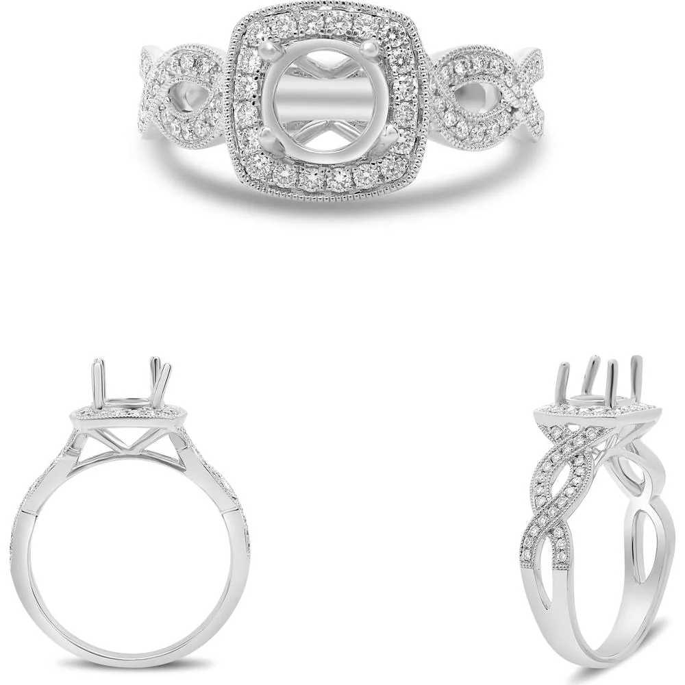 Roman & Jules - 14K White Gold Engagement Ring with Round Diamond Halo and Open Twist Shank - 0.32 Carat Total Diamond Weight