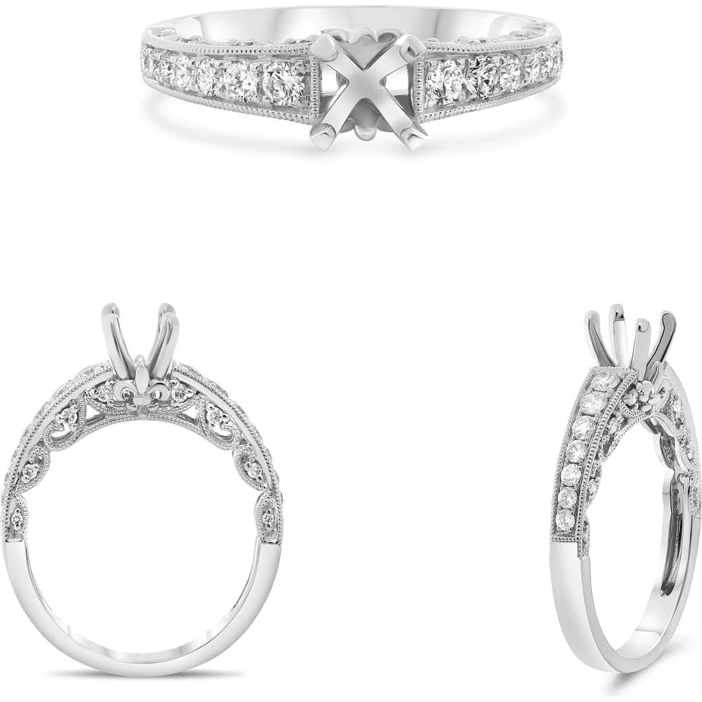 Roman & Jules - 14K White Gold Engagement Setting with 0.45 Carat Round Diamond Accents and Milgrain Detail
