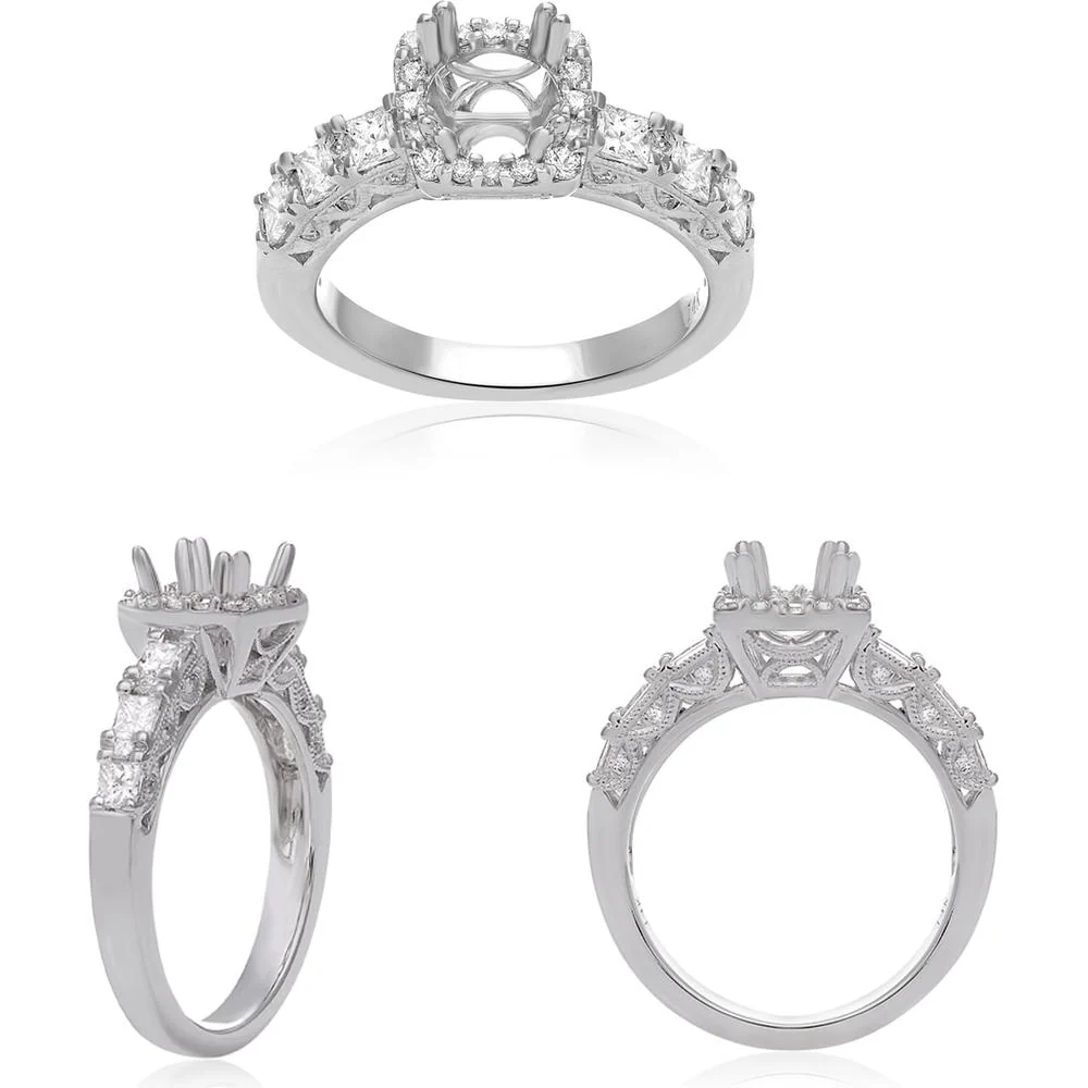 Roman & Jules - 14K White Gold Engagement Setting with 0.52 Carat Princess Cut Diamond Shank and 0.18 Carat Round Diamond Halo