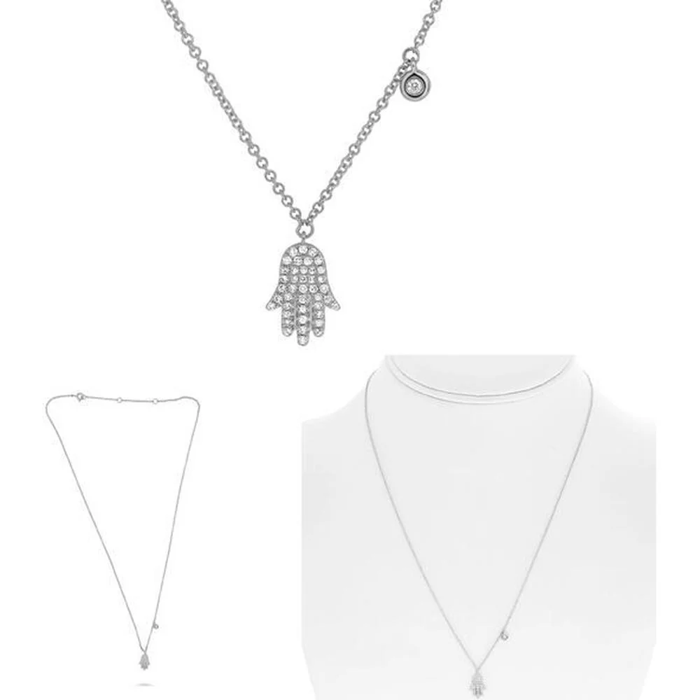Roman & Jules - 14K White Gold Evil Eye Hamsa Diamond Amulet Necklace - 0.13 Carat Total Diamond Weight
