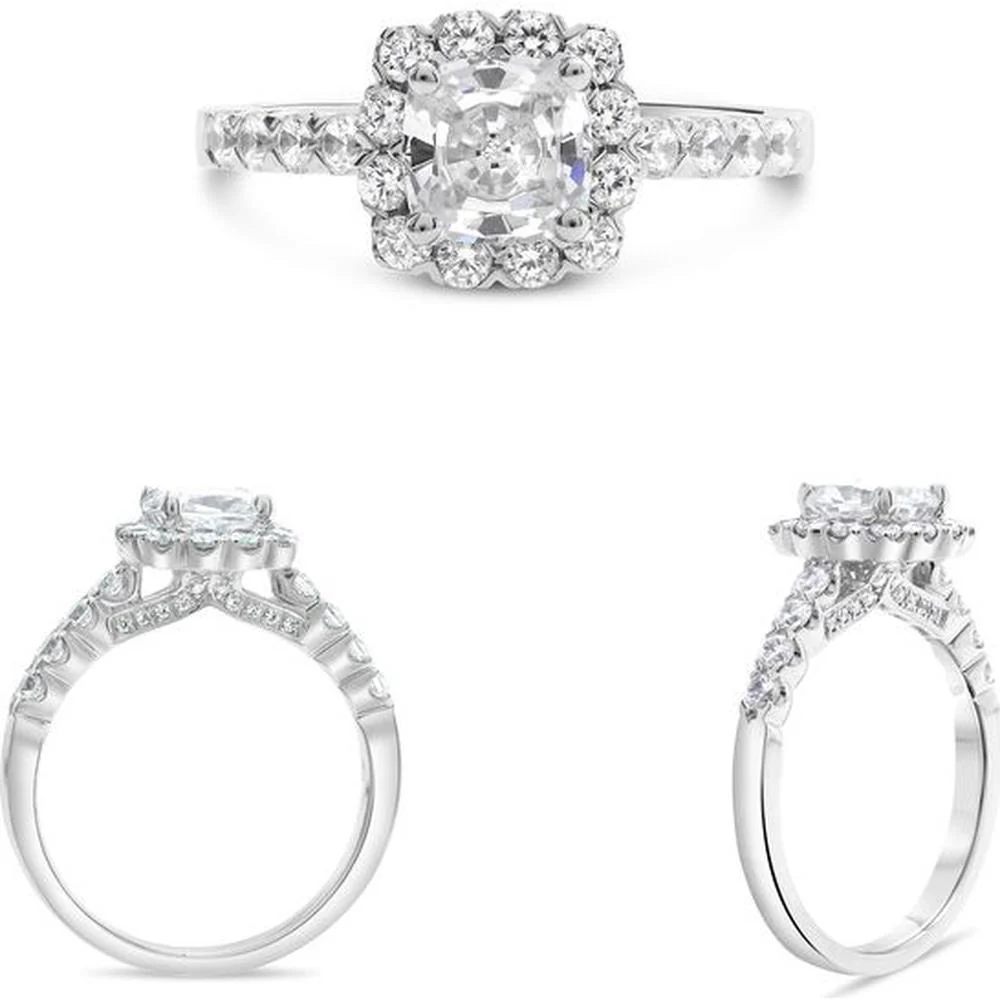 Roman & Jules - 14K White Gold Fishtail Halo Engagement Ring with Round Diamond Accents - 0.66 Carat Total Diamond Weight