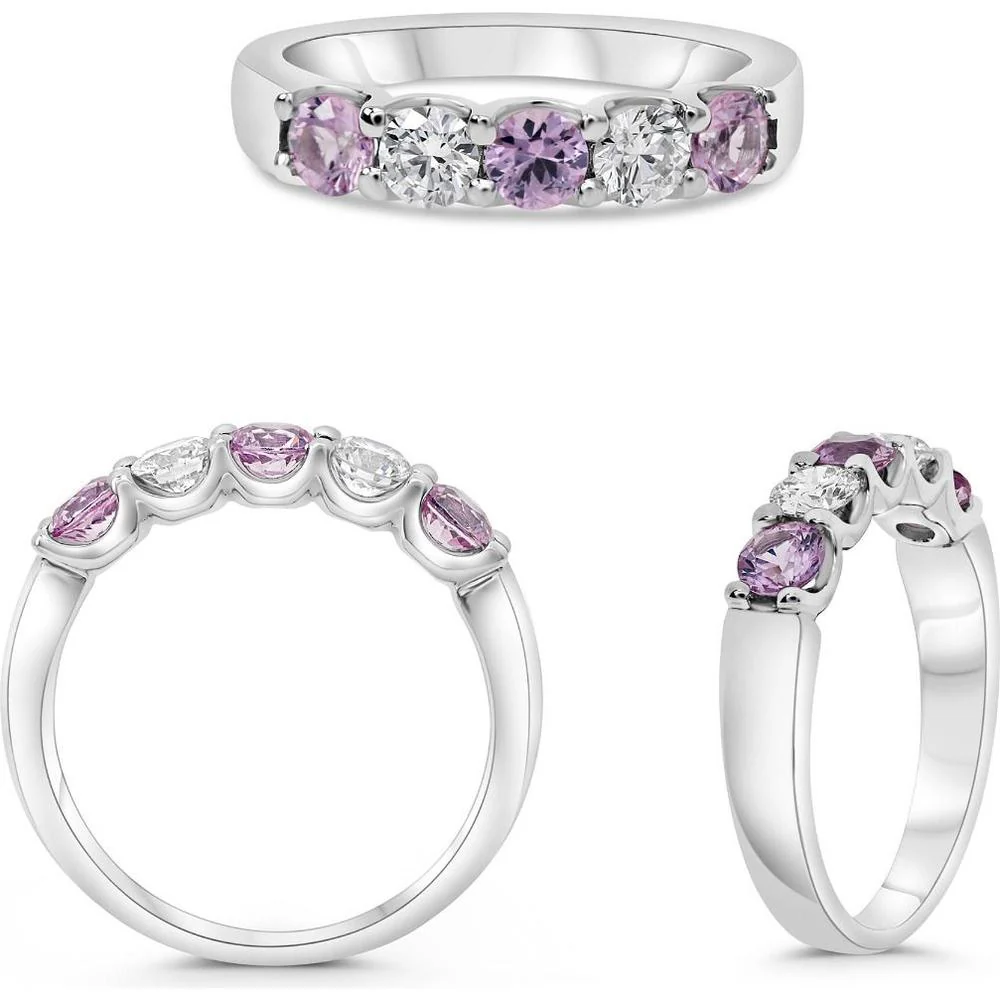 Roman & Jules - 14K White Gold Five-Stone Wedding Band with Pink Sapphire and White Diamond - 0.40 Carat Total Diamond Weight