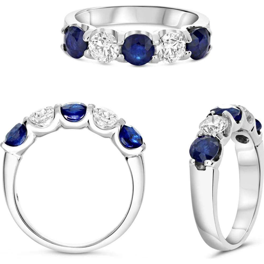 Roman & Jules - 14K White Gold Five-Stone Wedding Band with Round Sapphires and Diamonds - 1.00 Carat Total Gem Weight