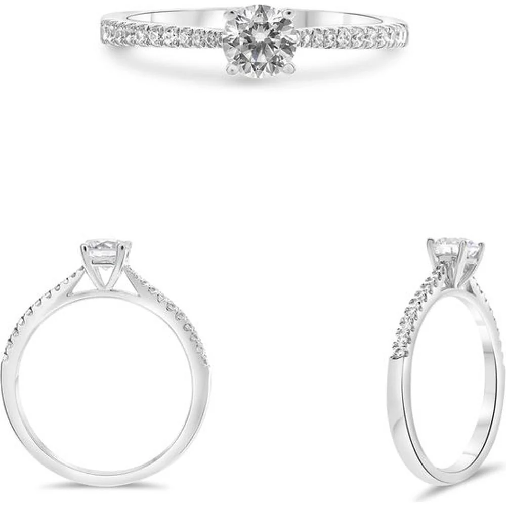 Roman & Jules - 14K White Gold Four Prong Engagement Ring with 0.12 Carat Round Diamond