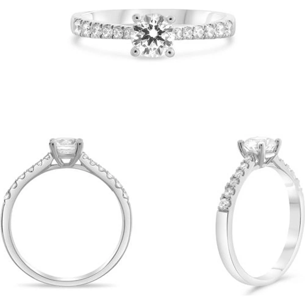 Roman & Jules - 14K White Gold Four Prong Engagement Ring with 0.50 Carat Round Diamond and 0.19 Carat Round Side Diamonds