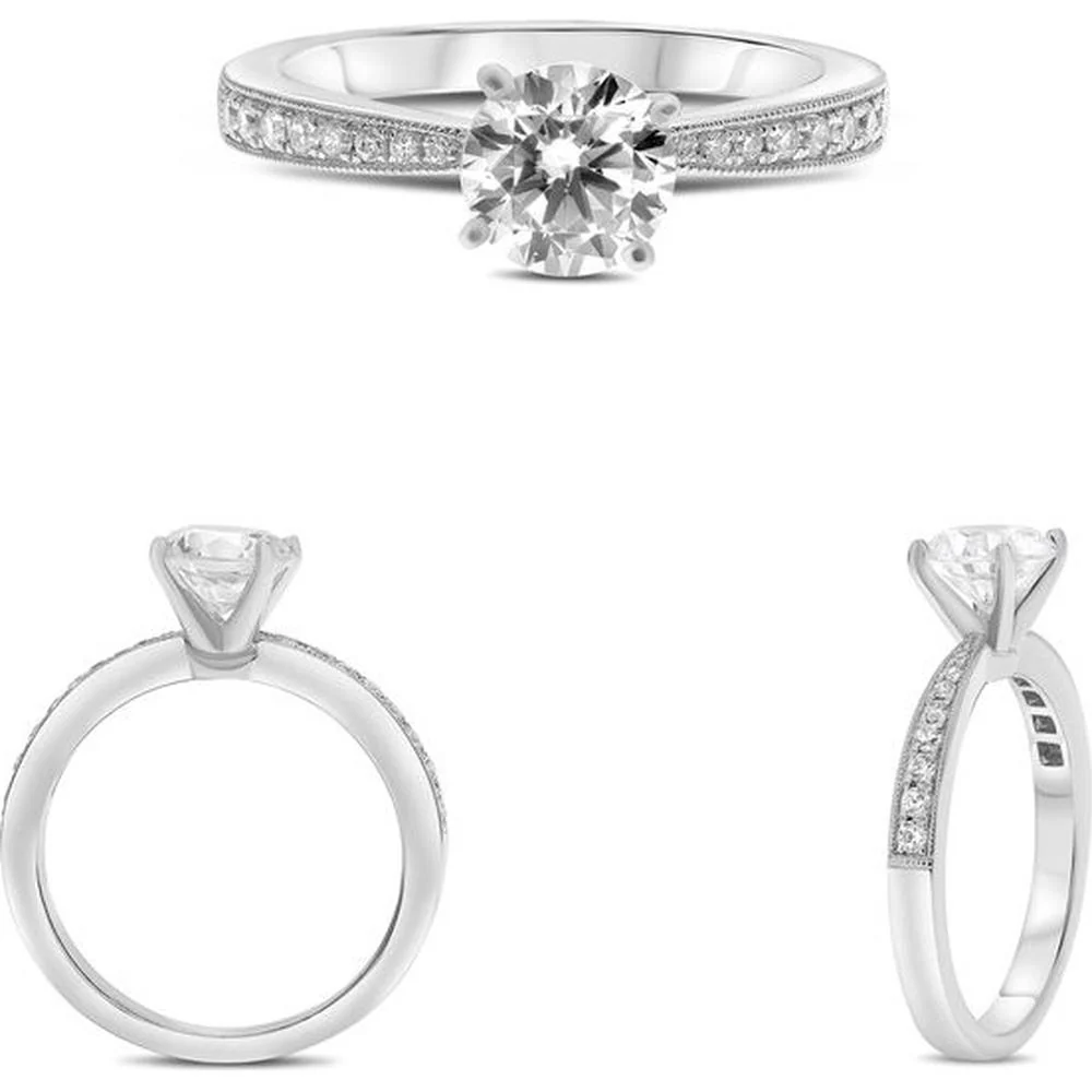 Roman & Jules - 14K White Gold Four Prong Engagement Ring with Round Diamond - 0.16 Carat Total Diamond Weight