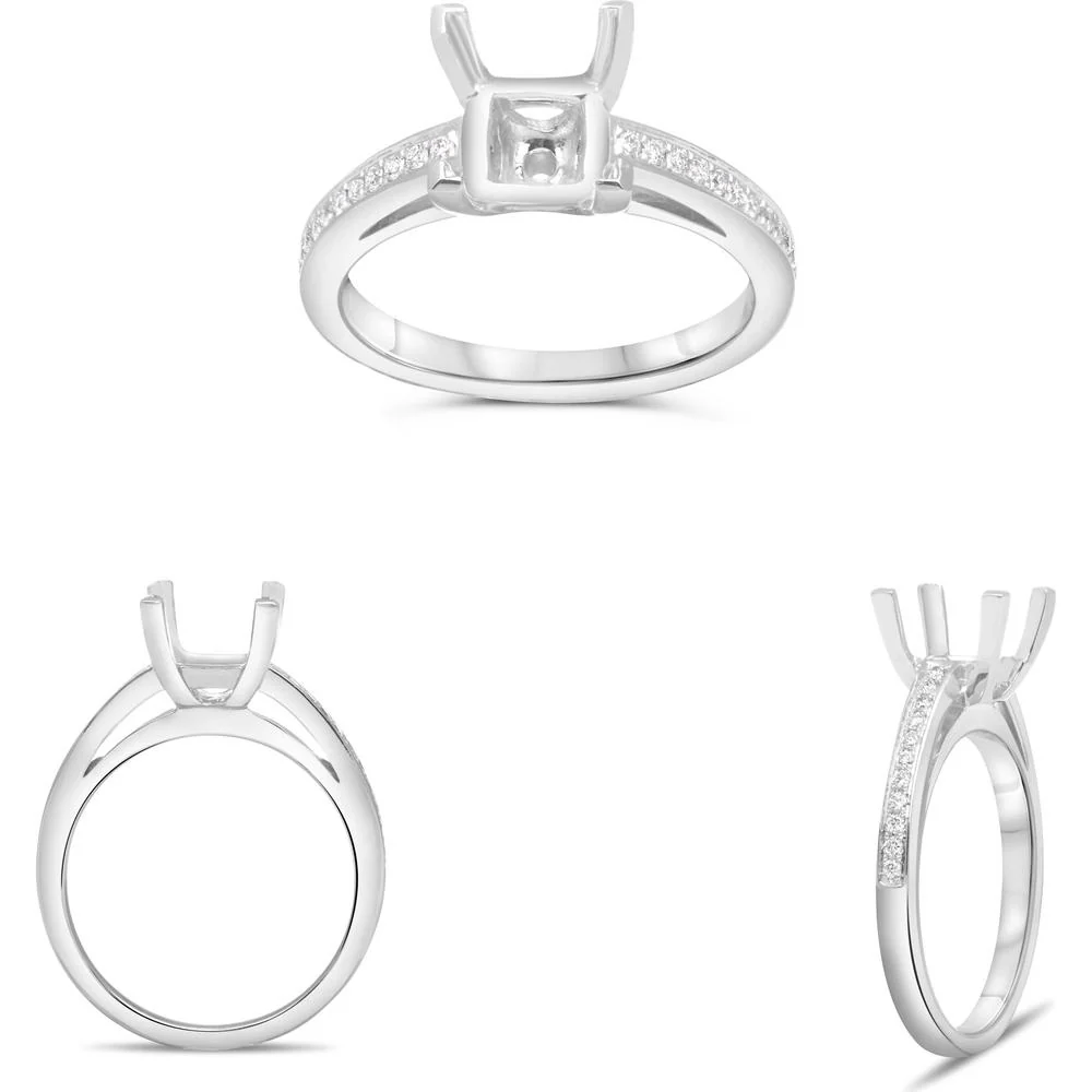 Roman & Jules - 14K White Gold Four Prong Engagement Ring with Round Diamond Accents - 0.14 Carat Total Diamond Weight