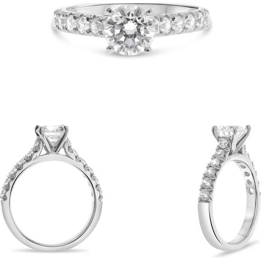 Roman & Jules - 14K White Gold Four Prong Engagement Setting with 0.54 Carat Round Diamonds and French Pave Band