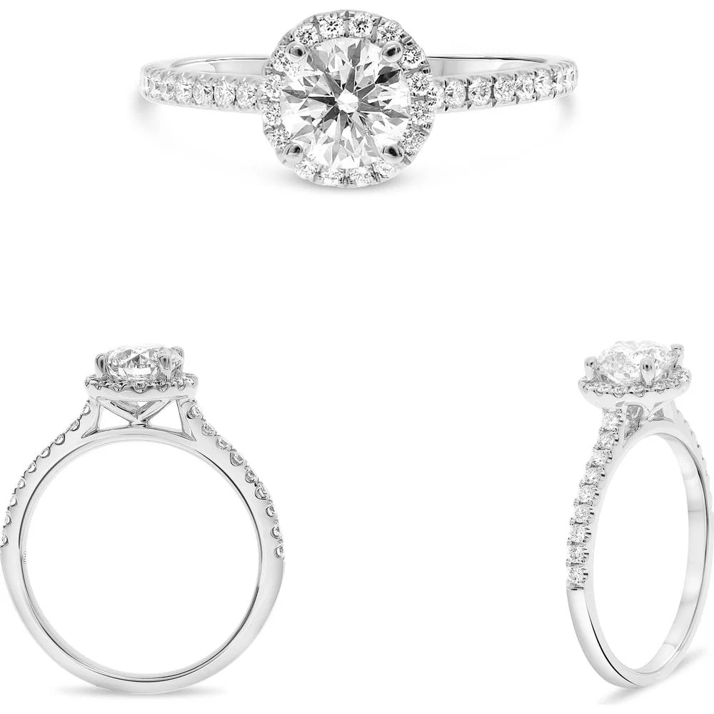 Roman & Jules - 14K White Gold Four Prong Halo Engagement Ring with 0.29 Carat Round Diamond and Micropavé Setting